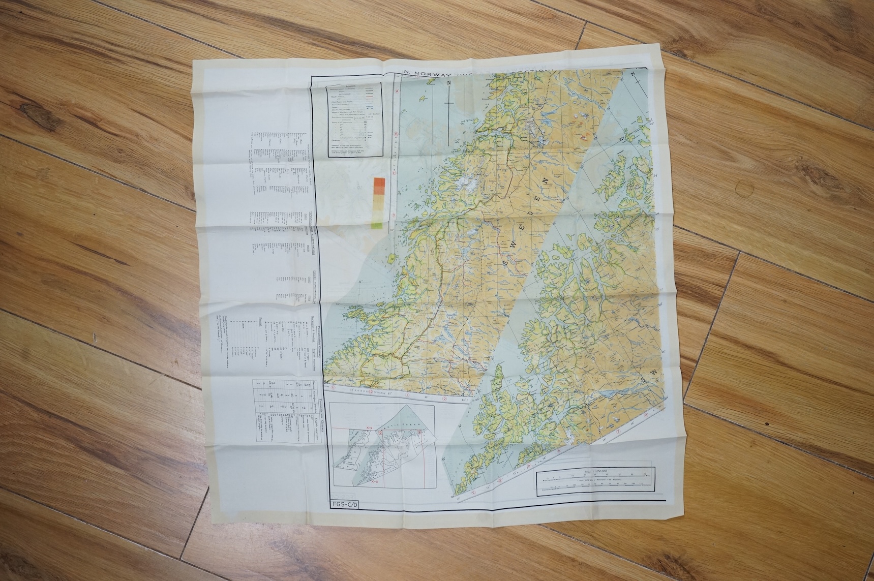 Four ‘escape’ style maps printed on silk type material, three printed double-sided; North Norway, 47x49cm, parts of Italy and Greece, 53x62cm, parts of France, 44x53cm, and a single sided map of part of the Mediterranean